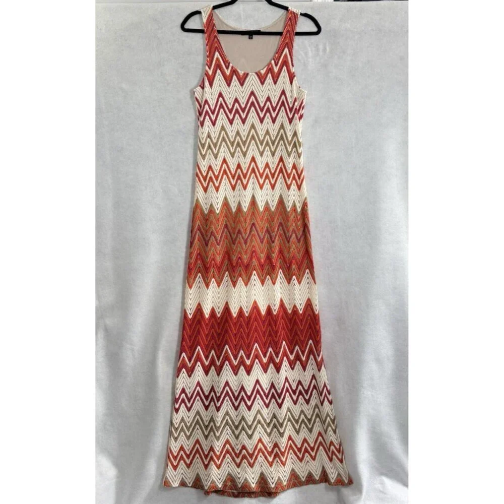 SANCTUARY Women Maxi Crochet Dress‎ Sleeveless Chevron Sz L Multicolor Boho 29-9